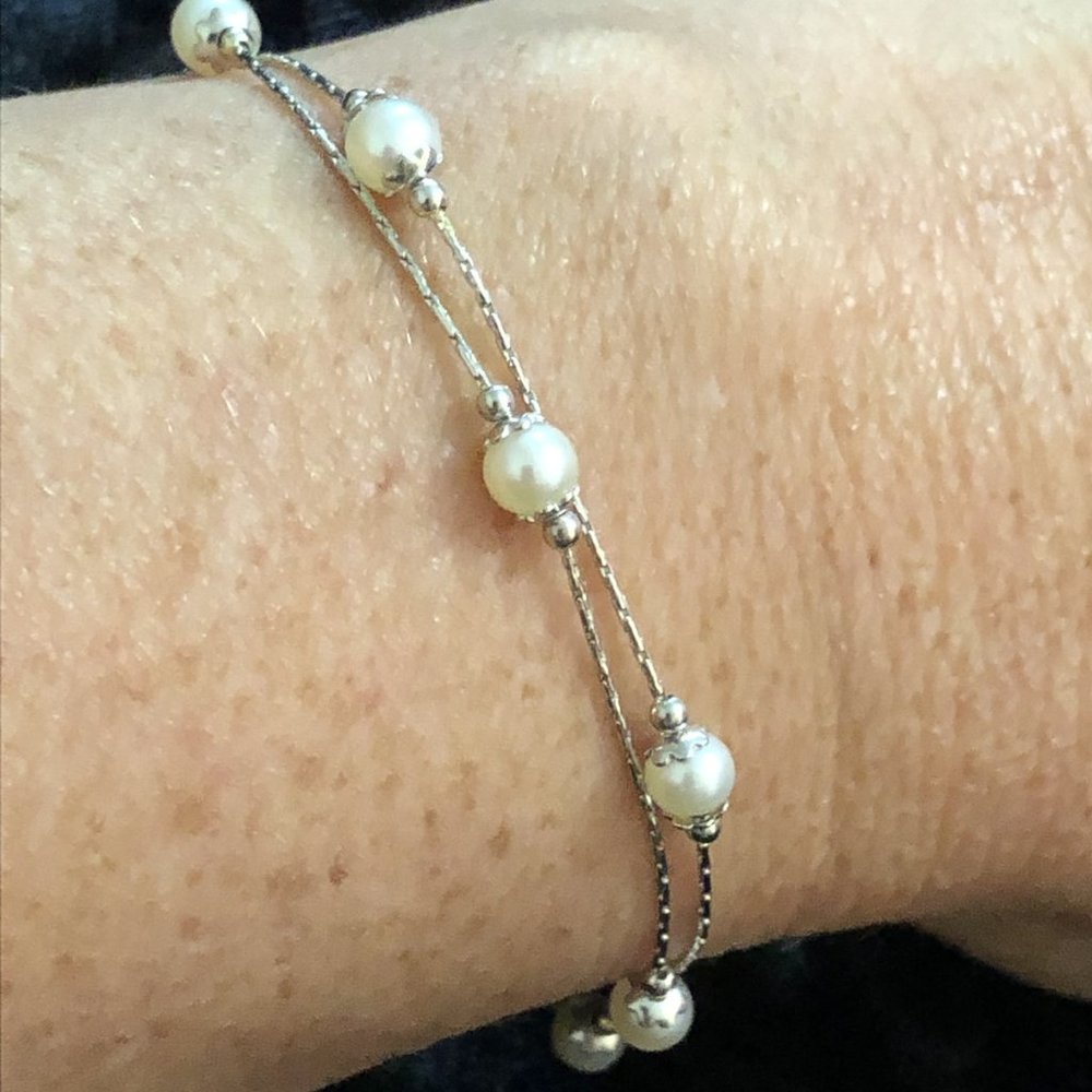 14K White Gold Double Strand Pearl Bracelet 7 1/2"